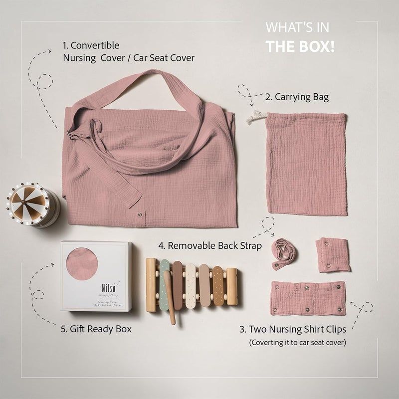 Nilsa 5-in-1 Muslin Nursing Cover up for Breastfeeding & Baby Car Seat Cover - Breathable Breastfeeding Cover With Rigid Hoop - 100% Cotton Privacy Apron Breast Feeding Covers For Women (Blush) - Image 2